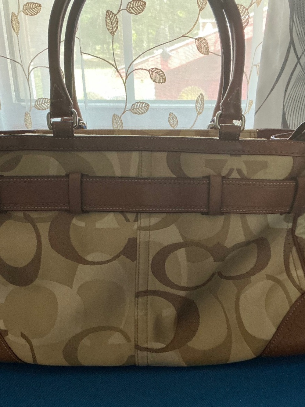 Coach Khaki Signature Canvas Hobo Bag with Brown Leather Trim